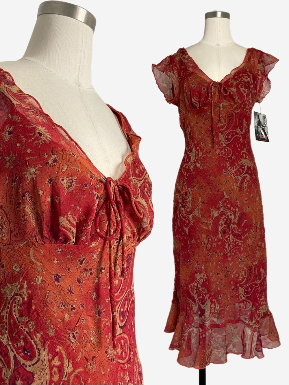 Vintage Y2K Rampage NWT red orange paisley ruffle hem midi dress boho fall S/M